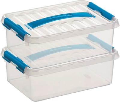 2x sunware q-line opberg box/opbergdoos - 4 liter - 30 x 20 x 10 cm - kunststof - opslagbox - transparant/blauw