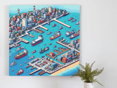 Pixel art haven schilderij | Haven Harbour: Een Betoverende Wereld Gecreëerd in Pixel Art | Kunst - 60x60 centimeter op Dibond | Foto op Dibond