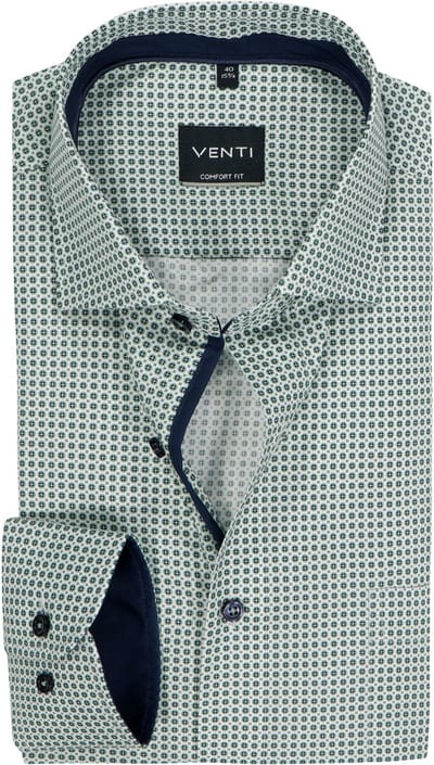 VENTI CASA MODA comfort fit overhemd - mouwlengte 72 cm - popeline - wit met groen en blauw dessin - Strijkvriendelijk - Boordmaat: 40 (EU maat: M)