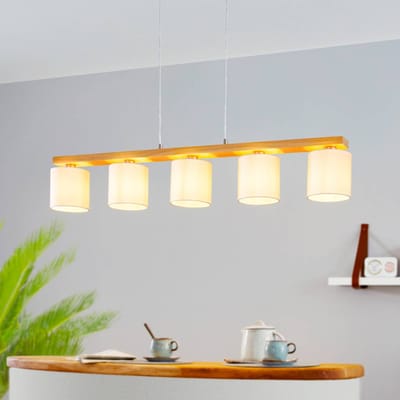 EGLO Castralvo hanglamp, lengte 115 cm, hout/wit, 5-lamps, stof