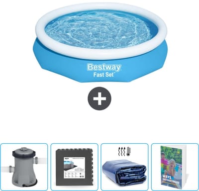 Bestway Rond Opblaasbaar Fast Set Zwembad - 305 x 66 cm - Blauw - Inclusief Pomp Vloertegels - Solarzeil - Zwembadgids