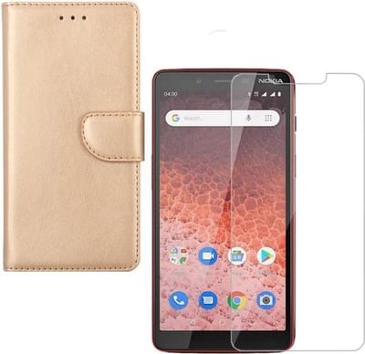 hoesje Geschikt voor: Nokia 1 Plus Portemonnee Goud met 2 stuks Glas Screen protector