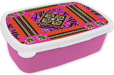 Broodtrommel Roze - Lunchbox - Brooddoos - Bloemen - Ketting - Panterprint - Goud - Patroon - 18x12x6 cm - Kinderen - Meisje