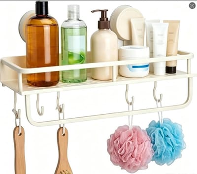Dailygoods - GZRXIOU Doucheplank met zuignap zonder boren, wit, 5 kg draagvermogen, badkamerrek, afneembaar, roestvrije badkamerorganizer, doucheplank met 4 haken voor douche, shampoo-conditioner
