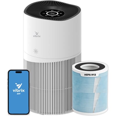 Vibrix PureFlow70 Luchtreiniger / Air Purifier – HEPA H13 + koolstoffilter – 468 m³/u – Voor kamers tot ca. 70 m² – Ionisator – App-bediening – Zeer stil met slaapstand – Luchtkwaliteitindicator
