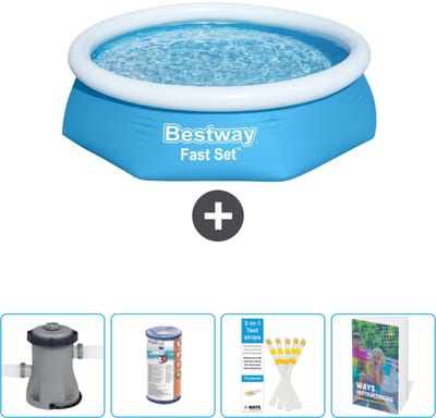 Bestway Rond Opblaasbaar Fast Set Zwembad - 244 x 61 cm - Blauw - Inclusief Pomp Filter - Testrips - Zwembadgids