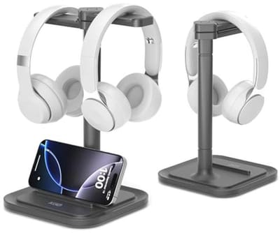 2-in-1 Desk Headphone Stand with Phone Holder - Rotating Non-Slip Organizer for All Headphone Sizes