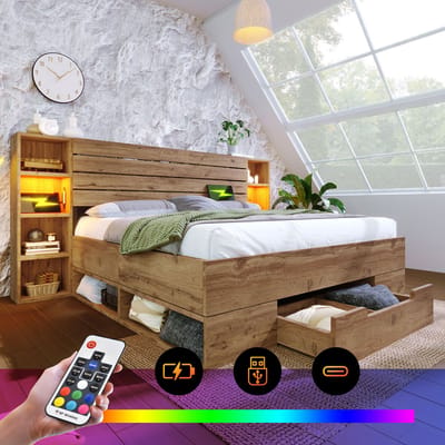 Houten bed 160x200 cm - met opbergruimte - LED-verlichting en USB-C opberg-hoofdeinde en laden - houtkleur - exclusief matras
