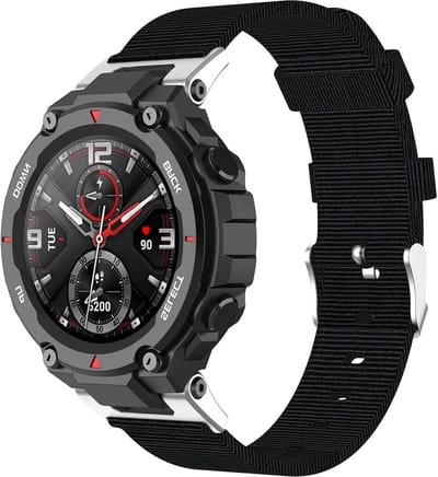 Nylon Smartwatch bandje - Geschikt voor Amazfit T-Rex - Pro canvas nylon bandje - zwart - Strap-it Horlogeband / Polsband / Armband