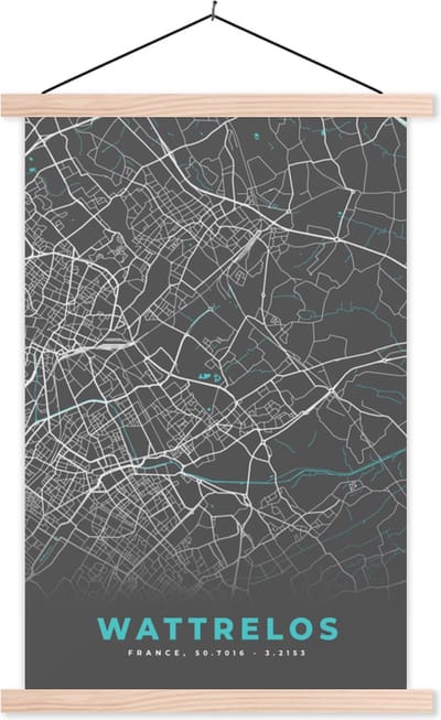 Posterhanger incl. Poster 40x60 cm - Schoolplaat - Wattrelos - Frankrijk - Plattegrond - Kaart - Stadskaart - Textielposter - Blanke latten - Stadskaart