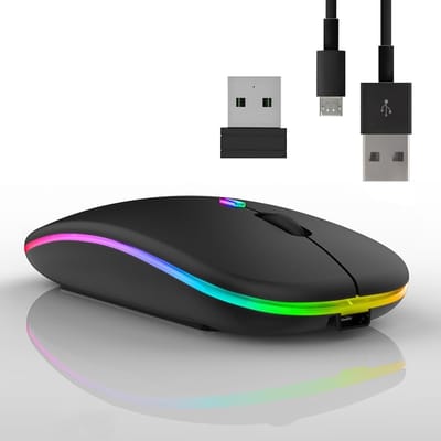 EXCITAT Draadloze muis - Gaming muis - Desktop muis - Oplaadbaar - Bluetooth - Stil - Desktop muis - Met 7-kleurige achtergrondverlichting en 2,4 GHz USB-ontvanger - Zwart