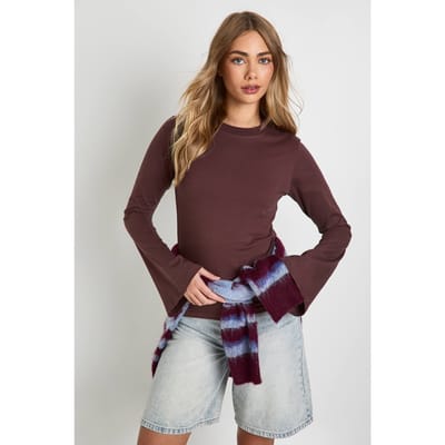 boohoo Dames Katoenen top met uitlopende mouwen | Chocolate | Maat: 6