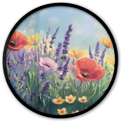 Poster in lijst Rond - Fotolijst 40x40 cm - Posters - Weide - Bloemen - Kleurrijk - Ronde posterlijst zwart - Decoratie - Wanddecoratie woonkamer - Muurdecoratie slaapkamer