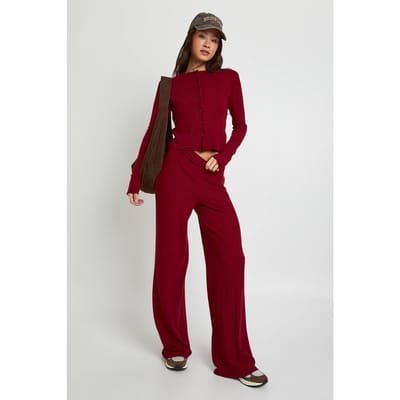 boohoo Dames Lange gerimpelde cardigan & wijde pijpen broekset | Bordeaux Rood | Maat: 40