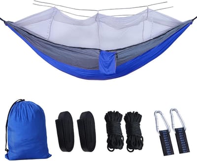 Camping Hangmat - Dubbele Stoel - Buiten Ontspannen - Met Klamboe - 260x140 cm - Blauw Grijs