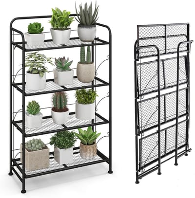 KOMFOTTEU Inklapbare plantenstandaard van metaal, 4-traps plantenrek met planken en verstelbare poten, bloemenrek, plantentrap voor balkon, terras, zwart (4 niveaus)