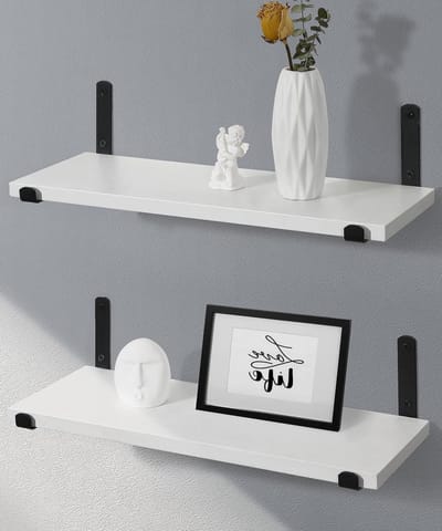 Zwevende Planken in Wit en Zwart, Set van 2, Stevige Houten en Metalen Beugels voor Slaapkamer, Woonkamer, Kantoor, Badkamer en Keuken, Ideaal voor Opslag en Decoratie