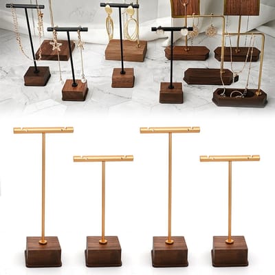 MAGICSHE 4 Stuks T-Vormige Sieradenstandaard, Sieradenhouder, Juwelenhouder - Metalen Frame Met Houten Basis Voor Kettingen, Armbanden, Oorbellen En Ringen Goud