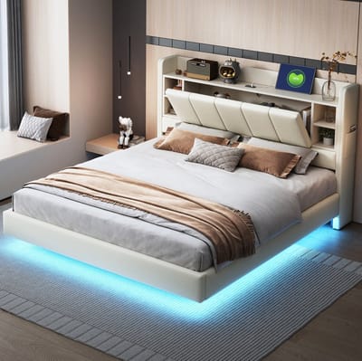 MEUNIQ gestoffeerd tweepersoonsbed 160x200 cm met USB, LED-lichtstrip, opbergvakken en opklapbaar hoofdbord, metalen frame, beige bed voor slaapkamer