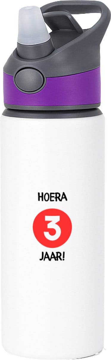 Hacebo® - Hoera 3 jaar waterfles met rietje paars - Verjaardag - Jarigen - Verjaardagscadeau - peuter - Happy birthday - water fles - 650ML