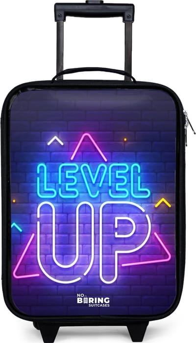 NoBoringSuitcases.com® - Kinderkoffer jongen - Kindertrolley meisje - Neonletters op een bakstenen muur - Koffer kind lichtgewicht - Reiskoffer trolley voor kinderen - Koffertje met lichtgevende wieltjes - Rolkoffer zwart