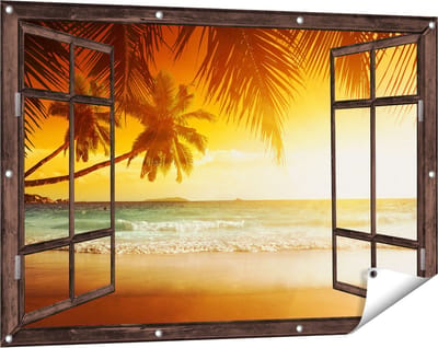 Gards Tuinposter Doorkijk Tropisch Strand tijdens Zonsondergang - 120x80 cm - Tuindoek - Tuindecoratie - Wanddecoratie buiten - Tuinschilderij