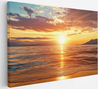 Saammp Canvas Schilderij - Zee met zonsondergang - strand - 30x20 - Foto op canvas - Wanddecoratie - muurdecoratie Woonkamer - Slaapkamer decoratie - Canvas Print