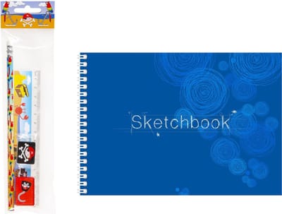 A3 schetsboek/tekenboek - 20 pagina's - met piraten thema tekenset - 4-delig