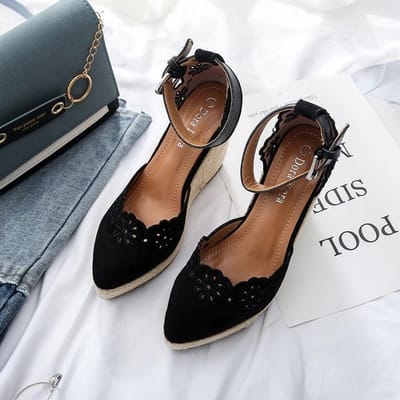 Dames Espadrilles Wedge Nieuwe Sandalen Rok Holle Enkele Schoenen Damesmode Puntige Hoge Hakken Dikke Zool Stro 40 zwart