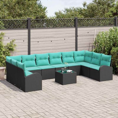 vidaXL - Tuinbank - Set - 11 - st - Zwart - en - Turkoois - poly - rattan