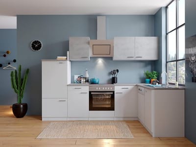 Hoekkeuken 280 cm - complete keuken met apparatuur Malia - Wit/Beton - soft close - keramische kookplaat - vaatwasser - afzuigkap - oven - spoelbak