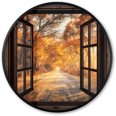 Poster in lijst Rond - Fotolijst 60x60 cm - Posters - Bos - Herfst - Bomen - Bospad - Natuur - Doorkijk - Ronde posterlijst zwart - Decoratie - Wanddecoratie woonkamer - Muurdecoratie slaapkamer