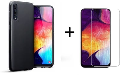 Ntech Hoesje Silicone Hoesje Flexible & Scratch Resistent TPU Case Hoesje Geschikt Voor Samsung Galaxy A50 - Zwart + Glazen Screenprotector