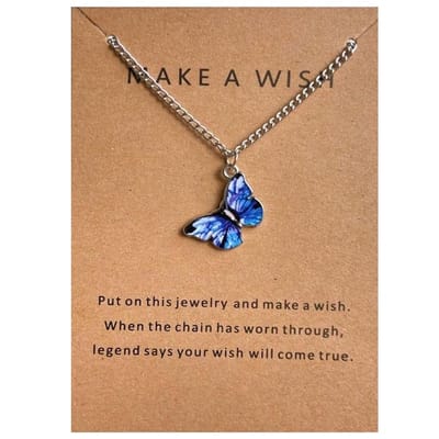 Fako Bijoux® - Doe Een Wens - Vlinder Ketting - Make A Wish - Beautiful - Blauw - Ketting Inclusief Kaart Met Tekst - Zilverkleurig