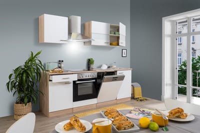 Goedkope keuken 220  cm - complete keuken met apparatuur Merle  - Eiken/Wit - soft close - keramische kookplaat - vaatwasser - afzuigkap - oven    - spoelbak