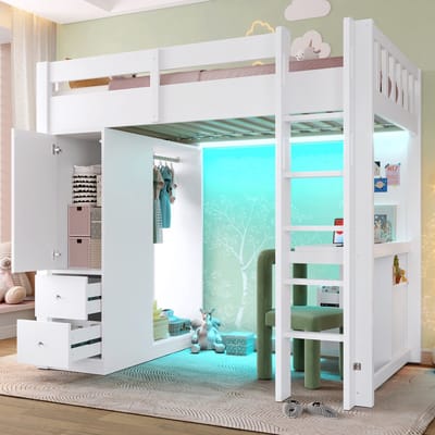 Sweiko Hoogslaper - 90x200cm - 4 lades - Opbergkast - Met bureau - Open kledingkast - LED-verlichting - Wit