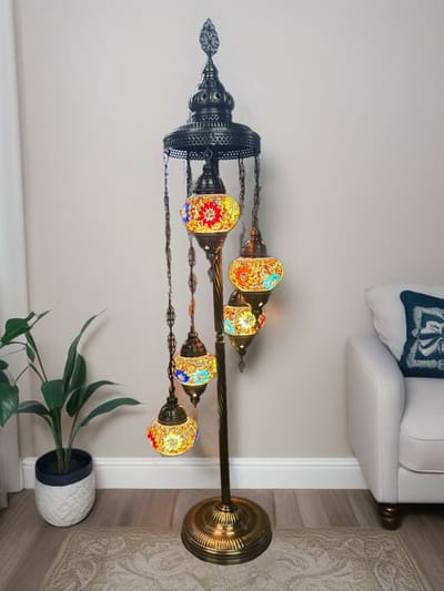 Turkse Vloerlamp met 5 handgemaakte Mozaïek glazen bollen- Staande Lampen - Multicolor