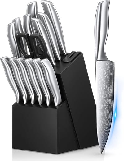 MKSS® Messenset met Blok - Messensets met Messenblok - Koksmes - Keukenmessen Set - Super Scherp - Zilver