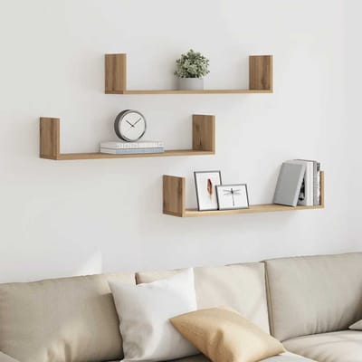 vidaXL - Wandschappen - 3 - st - 80x18x18 - cm - bewerkt - hout - artisanaal - eiken