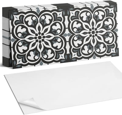 Coloray Plaktegels - Bloemenpatroon met ornamenten Zelfklevende Wandtegels - 40 cm x 20 cm - Zwart Plaktegels - 10 stuks - Rechthoek PVC Tegels - Plaktegels Badkamer - Vloertegels Zelfklevend - Vinyl Tegels - Portugese Tegels
