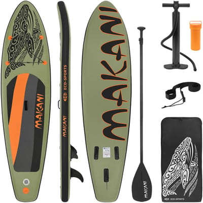 Stand Up Paddle opblaasbaar SUP Board Makani 320x80x15 cm in olijfkleur gemaakt van PVC, inclusief pomp en draagtas.