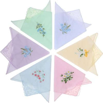 Allecto Plus - 6 Pack Dames Katoenen Zakdoeken met Bloem Geborduurde Wif Kant - Vintage Stijl voor Bruiloft en Feest.vocabulaire: Dames Katoenen Zakdoeken, Bloem Geborduurd, Vintage, Bruiloft, Feest.
