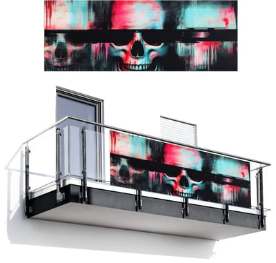 Balkonscherm 300x110 cm - Balkonposter Schedels - Glitch - Cyberpunk - Balkon scherm decoratie - Balkonschermen - Balkondoek zonnescherm