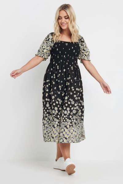 Yours Midaxijurk Met Vlinderprint En Smokwerk In Zwart Size 54-56