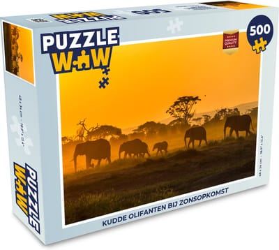 Puzzel Kudde olifanten bij zonsopkomst - Legpuzzel - Puzzel 500 stukjes