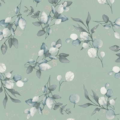 Landelijk behang Profhome 397687-GU vliesbehang glad met bloemmotief en metalen accenten groen mint zilver wit 5,33 m2