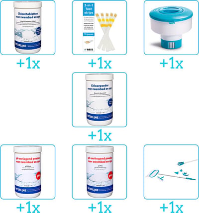 Zwembad Onderhoudspakket - Onderhoud Zwembad - bevat Chloor - Testrips - Chloordrijver - Chloor - PH-min - PH-plus en Schoonmaakset (7-delig)