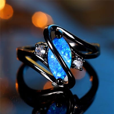 Schattige Boho Dames Blauwe Vuur Opaal Steen Ring Vintage Zwart Goud Kleur Bruiloft Sieraden Voor Vrouwen 7