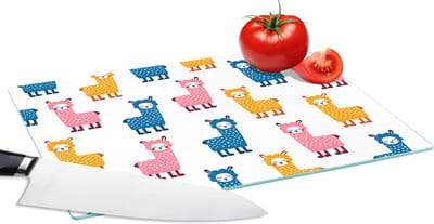 Glazen Snijplank - 28x20 - Lama - Dieren - Patronen - Roze - Blauw - Snijplanken Glas