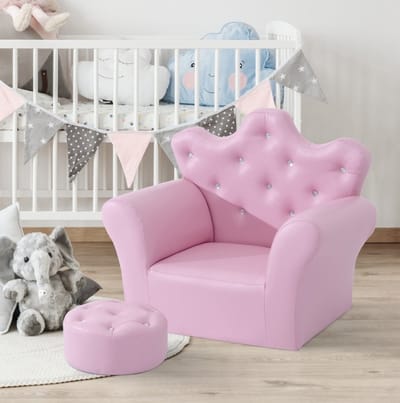 MEUNIQ kinderfauteuil met hocker 58 x 40,5 x 49 cm, roze kindersofa met armleuningen, gecapitonneerde details en houten frame voor kinderkamer of speelkamer
